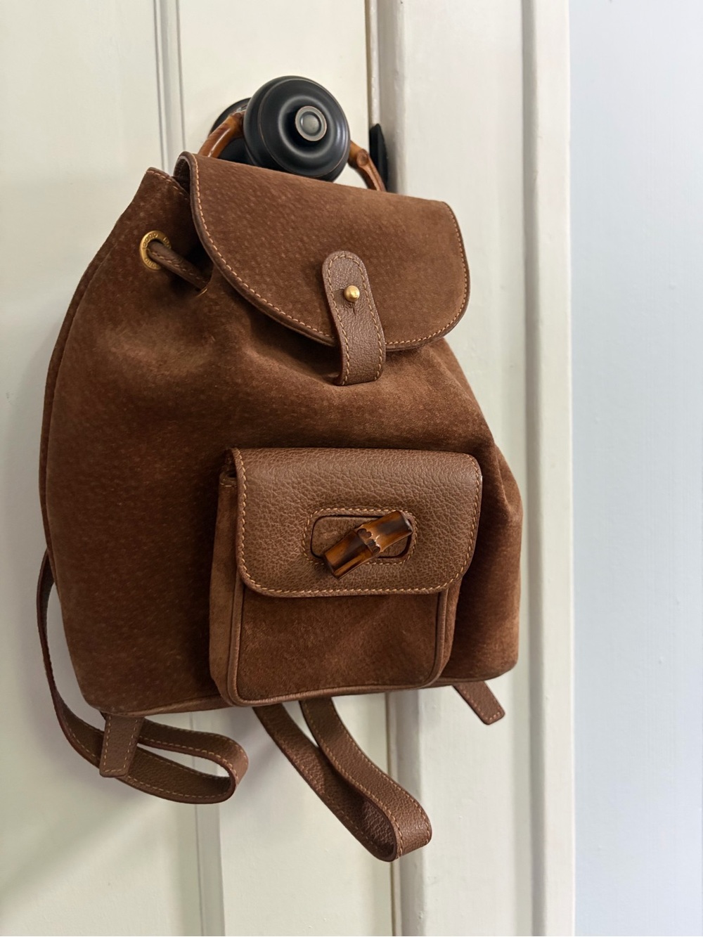 Authentic Gucci Brown Suede & Bamboo Backpack